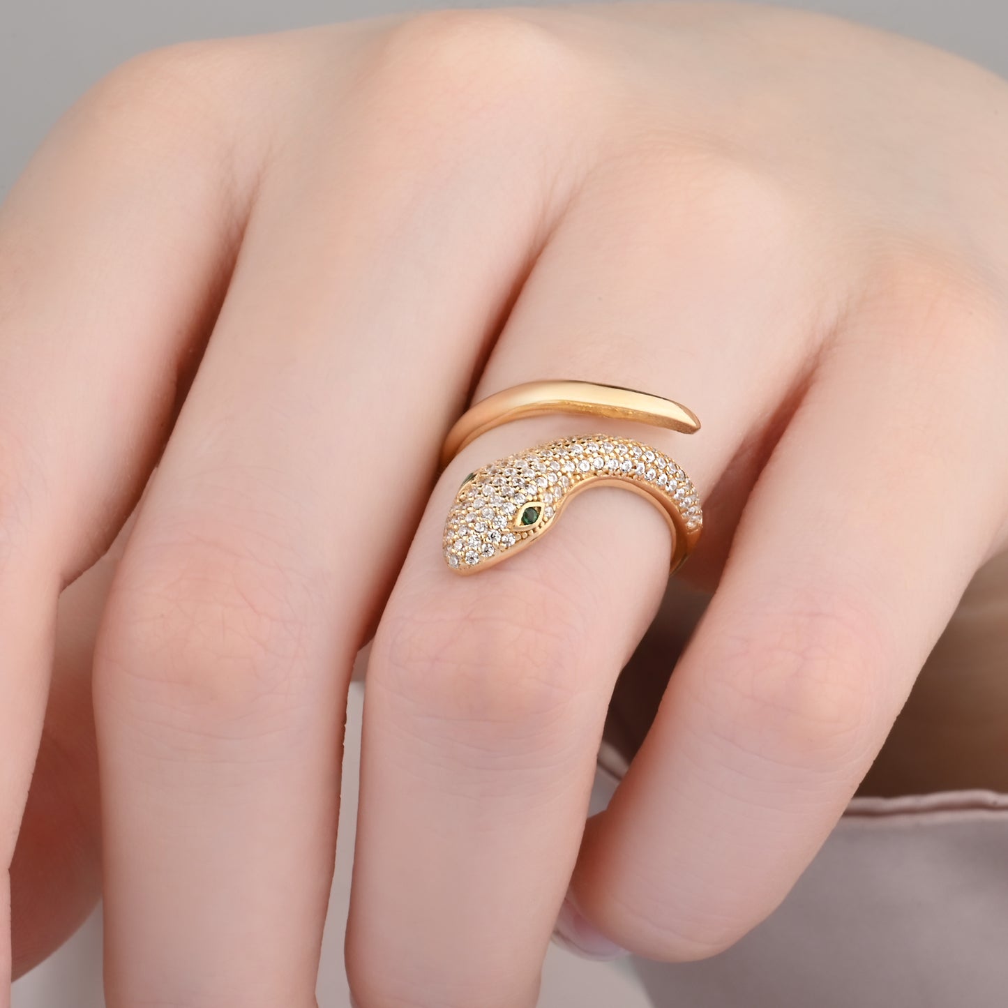 14K Yellow Gold Pave Zirconia Snake Ring with Emerald Eyes