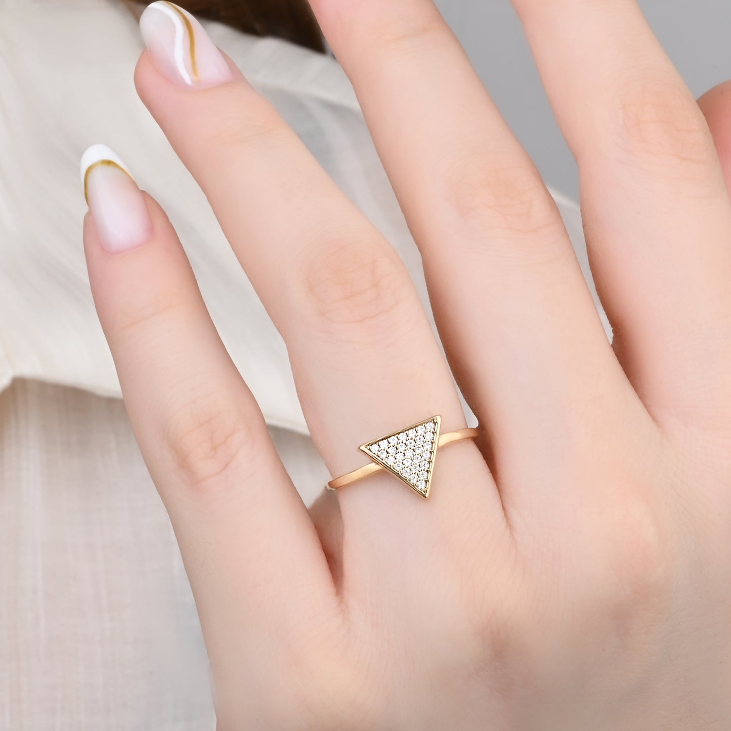 14K Yellow Gold Pavé Zirconia Triangle Ring