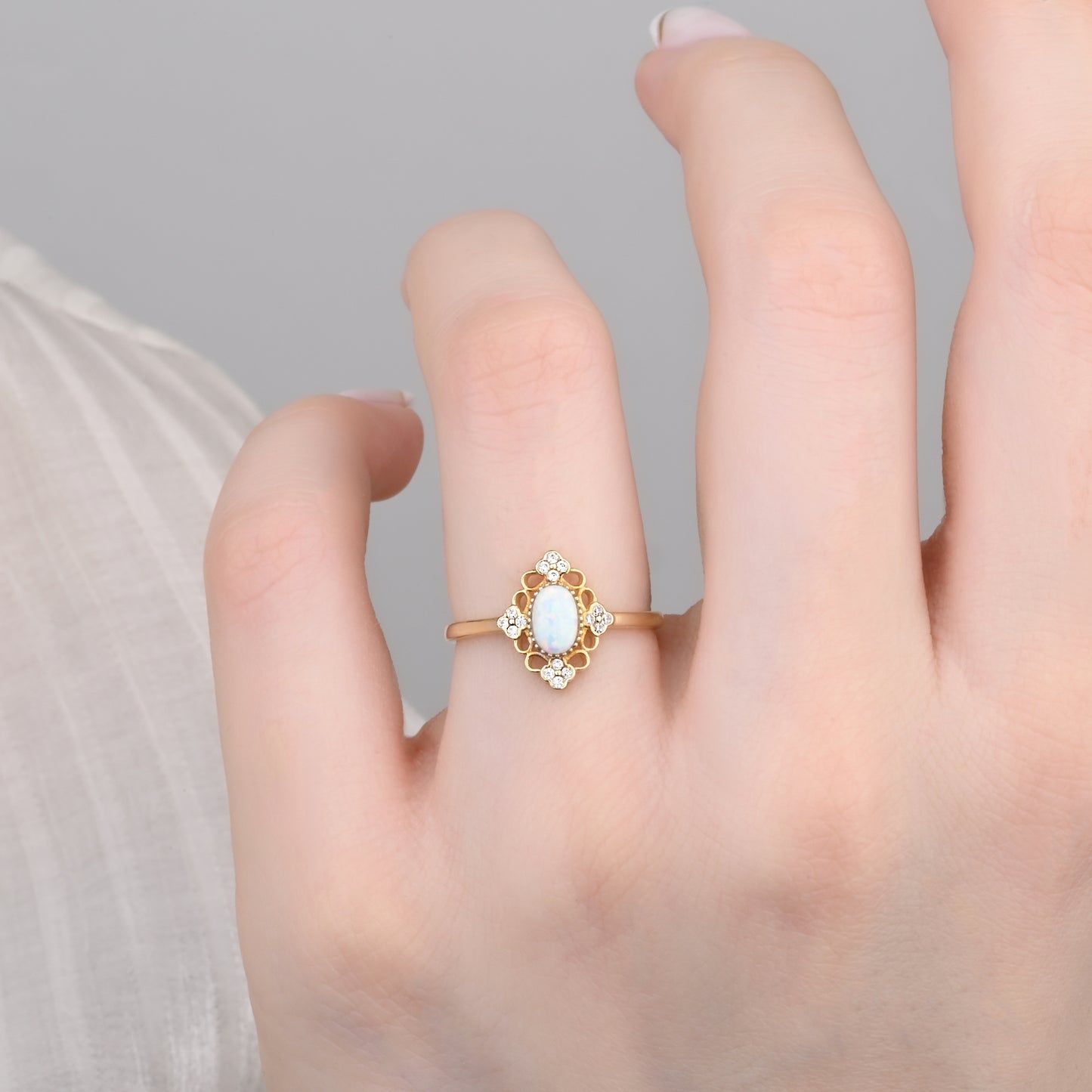 CZ Opal Halo Accent Ring in 14K Gold