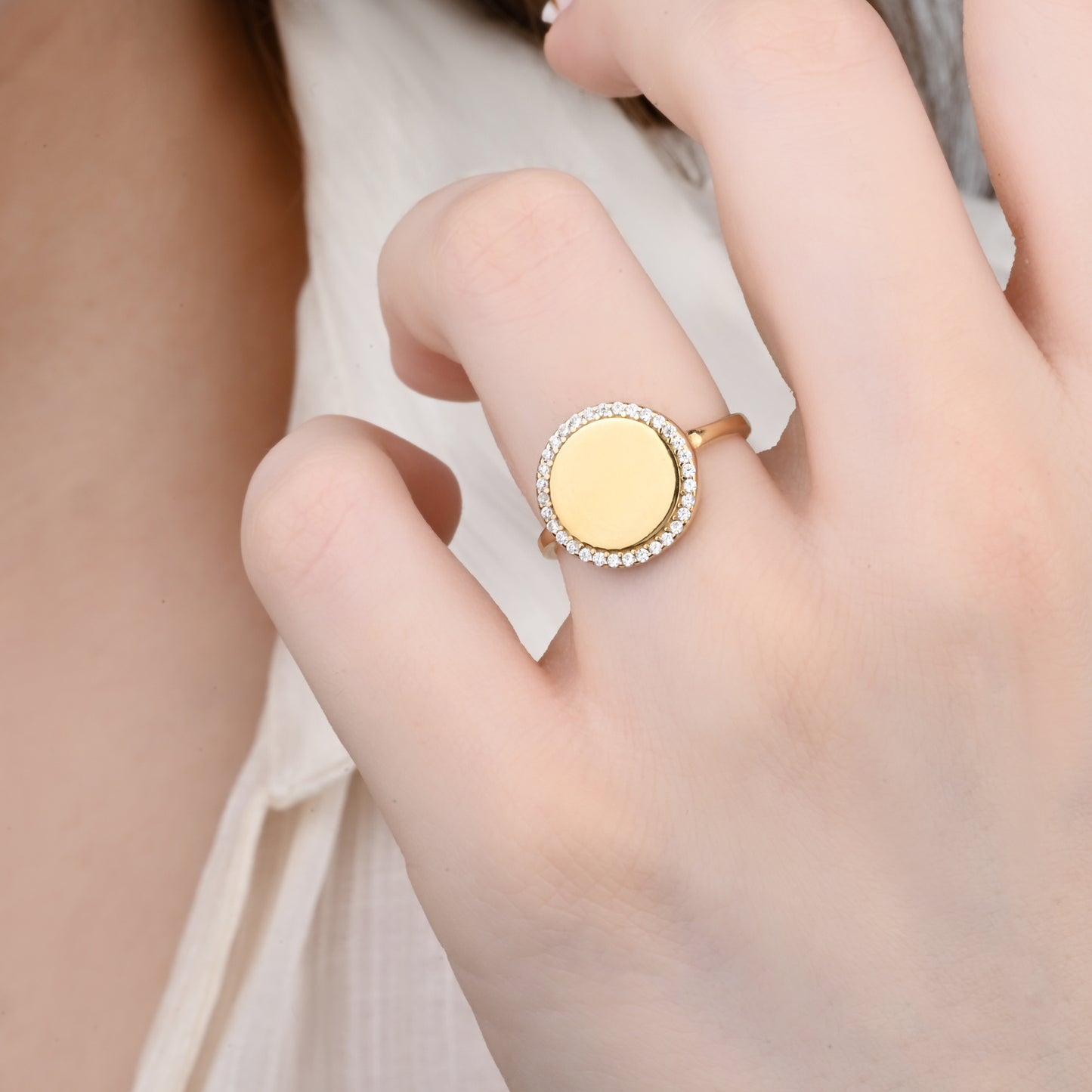 14K Yellow Gold Zirconia Halo Signet Ring