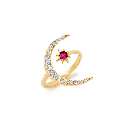 Crescent Ruby Accent CZ Ring in 14K Gold