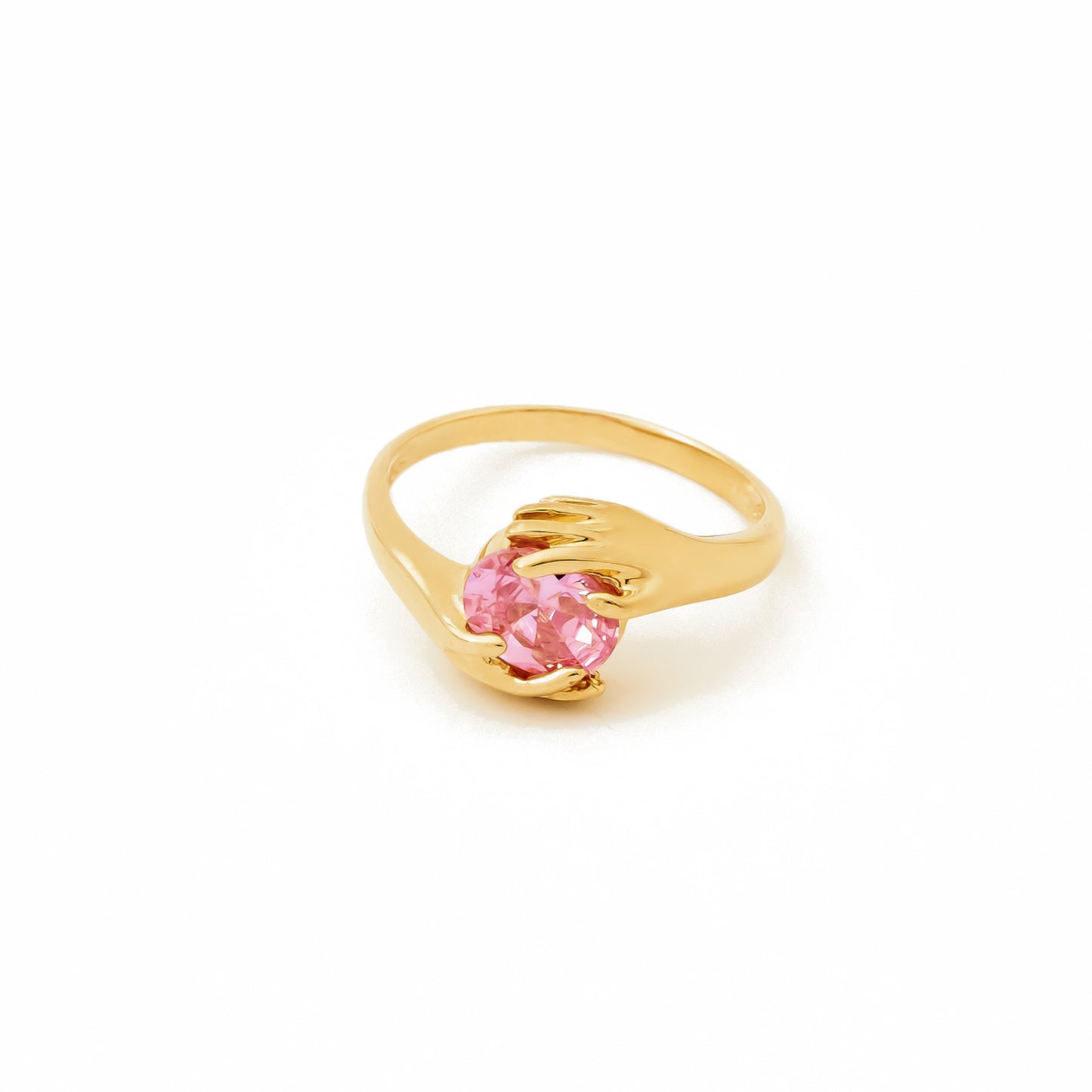 Solitaire Pink Tourmaline Hand Ring in 14K Gold