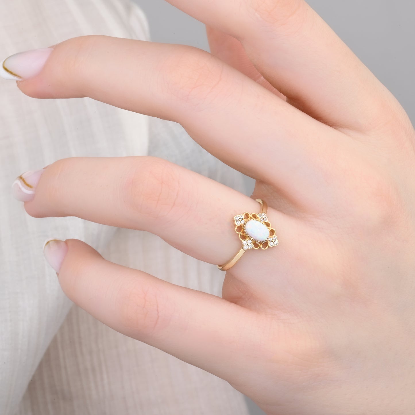 CZ Opal Halo Accent Ring in 14K Gold